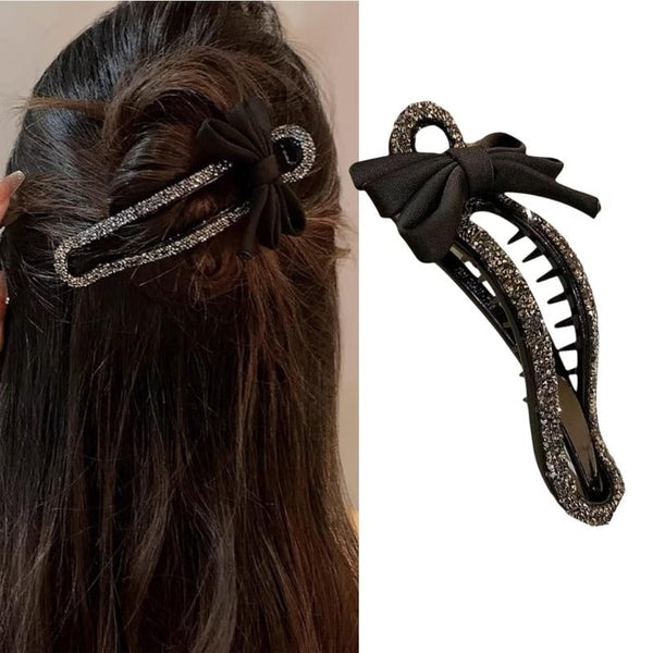Radiant Bow Black Rhinestone Duckbill Clip
