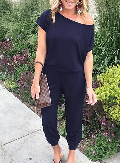 Women's Loose Solid Off Shoulder Elastic Waist Stretchy Long Romper Jumpsuit